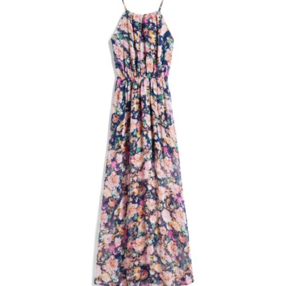 Fate Ruby Floral Maxi Dress Halter Keyhole Elastic‎ Waist Navy Blue Pink Size MP - Picture 1 of 6